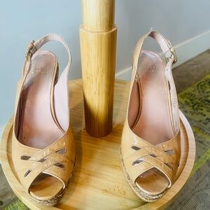 Stuart Weitzman Beige Leather Peep-Toe Wedge Sling backs size 7.5